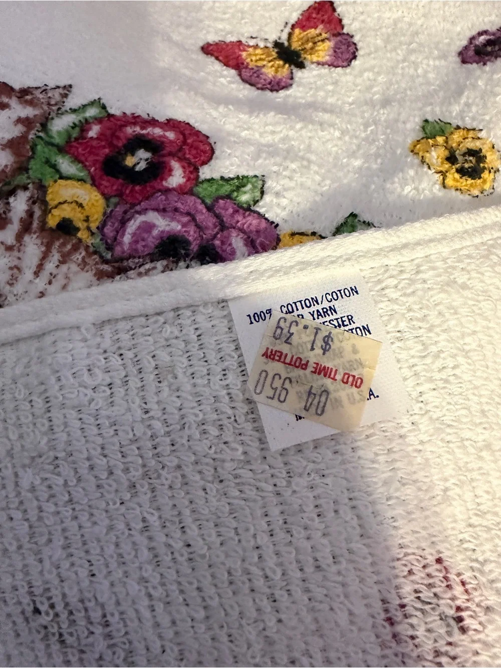 Vintage White Hand Towels with Brown Tabby Cats and Colorful Pansies